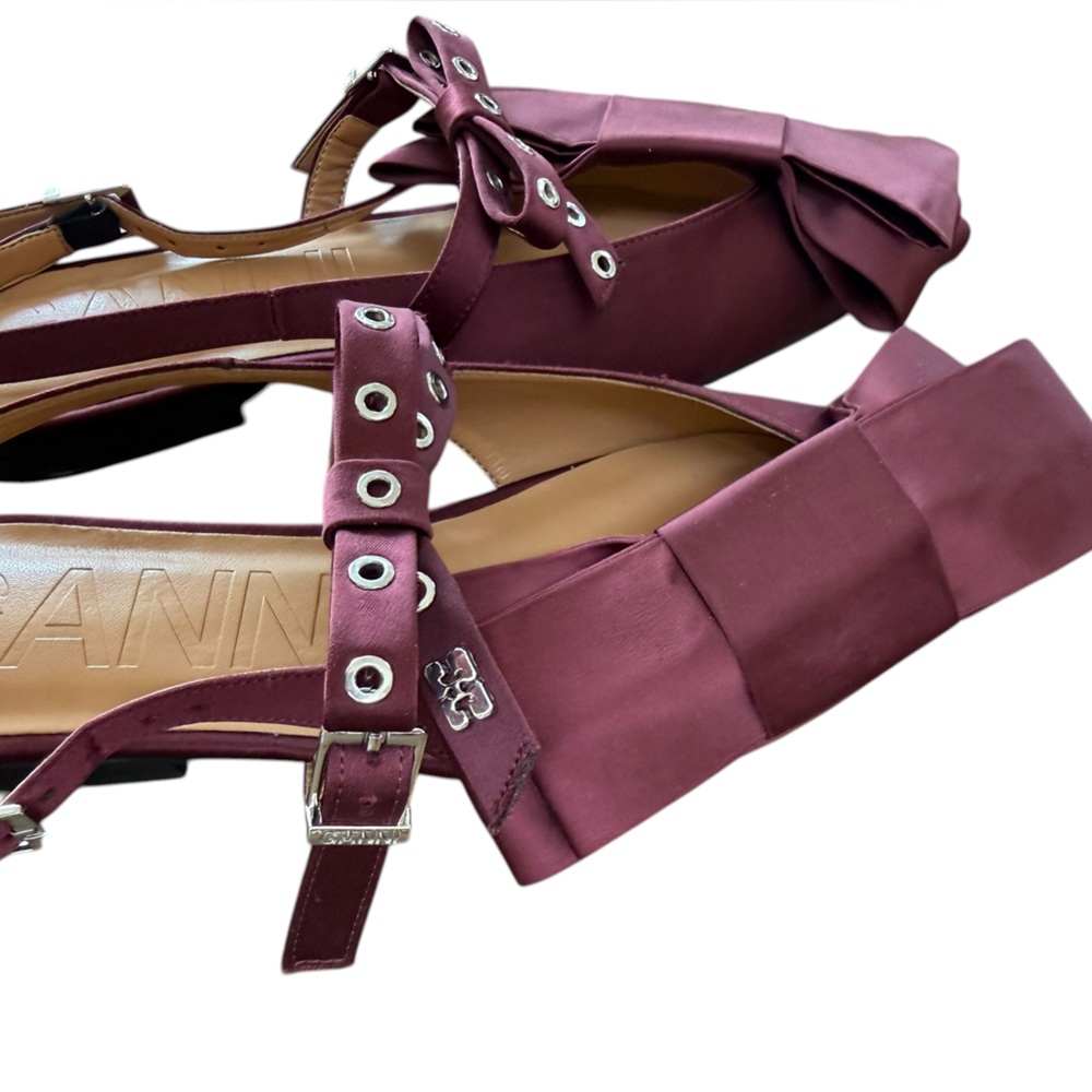 Ganni Big Bow Pointed Slingback Flat Burgundy Shoes – EU38/US8 - Picture 9 of 14